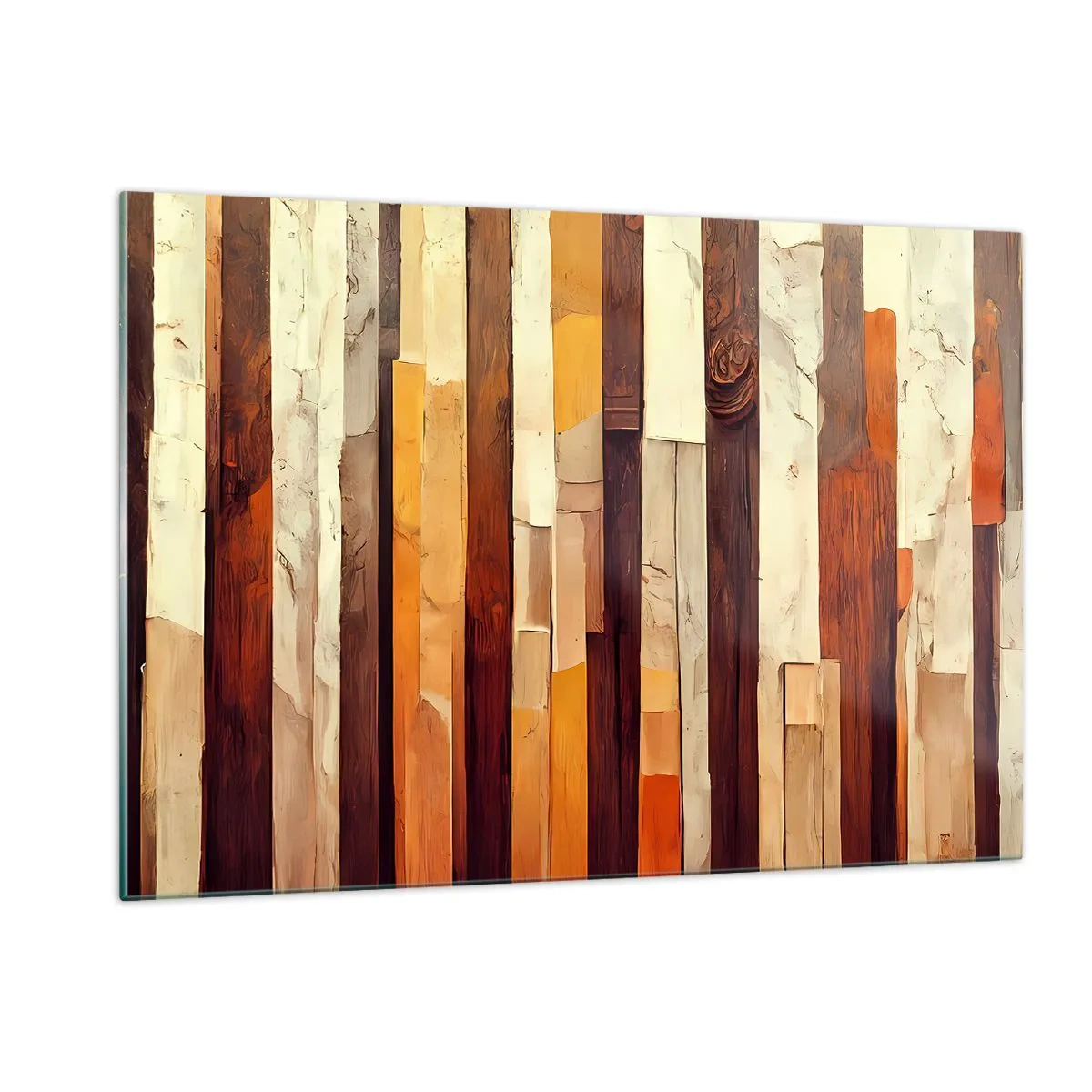 Quadro su vetro - Una composizione di strisce verticali nei toni del legno e del beige - 120x80cm - L'inno dei legni boschivi - Decorazione murale moderna per soggiorno e camera da letto ARTTOR