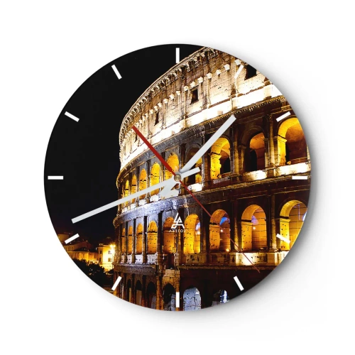 Orologio da parete - Orologio in Vetro - Il Colosseo illuminato di notte su uno sfondo nero - 30x30cm - È tempo di iniziare i giochi - Decorazione murale moderna per soggiorno, cucina e camera da letto ARTTOR