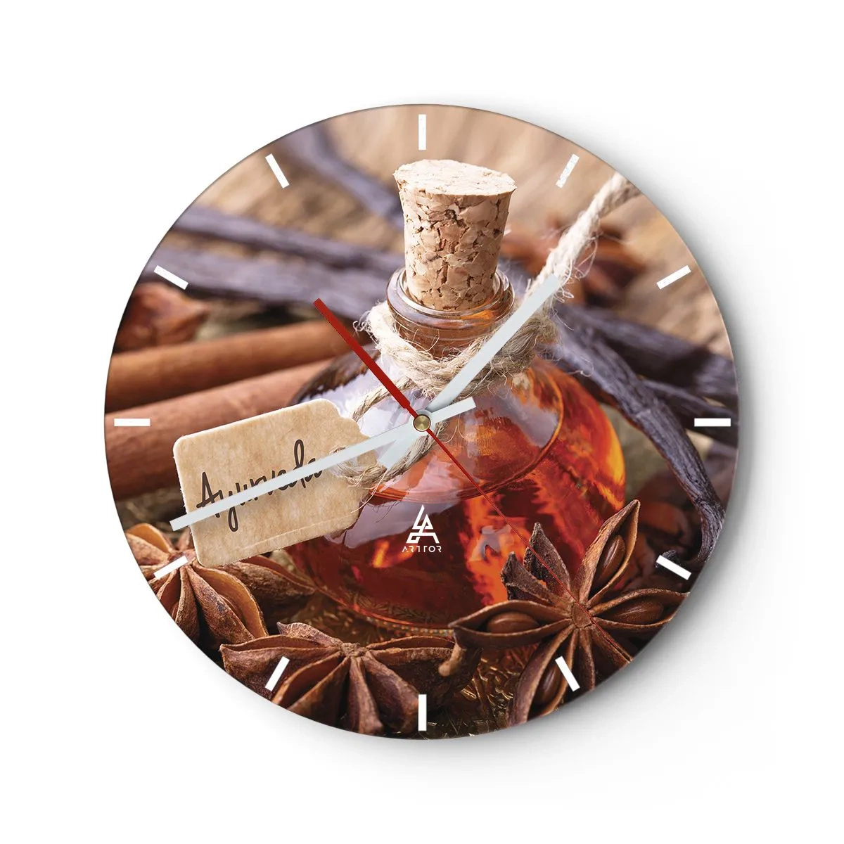 Orologio da parete - Orologio in Vetro - Una bottiglia di spezie circondata da anice e vaniglia - 30x30cm - Verso l'unità del corpo e dell'anima - Decorazione murale moderna per soggiorno, cucina e camera da letto ARTTOR