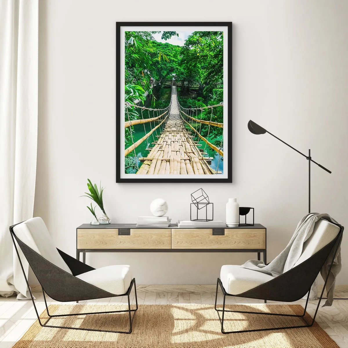 Poster in cornice nera - Ponte sospeso sopra il verde - 30x40 cm
