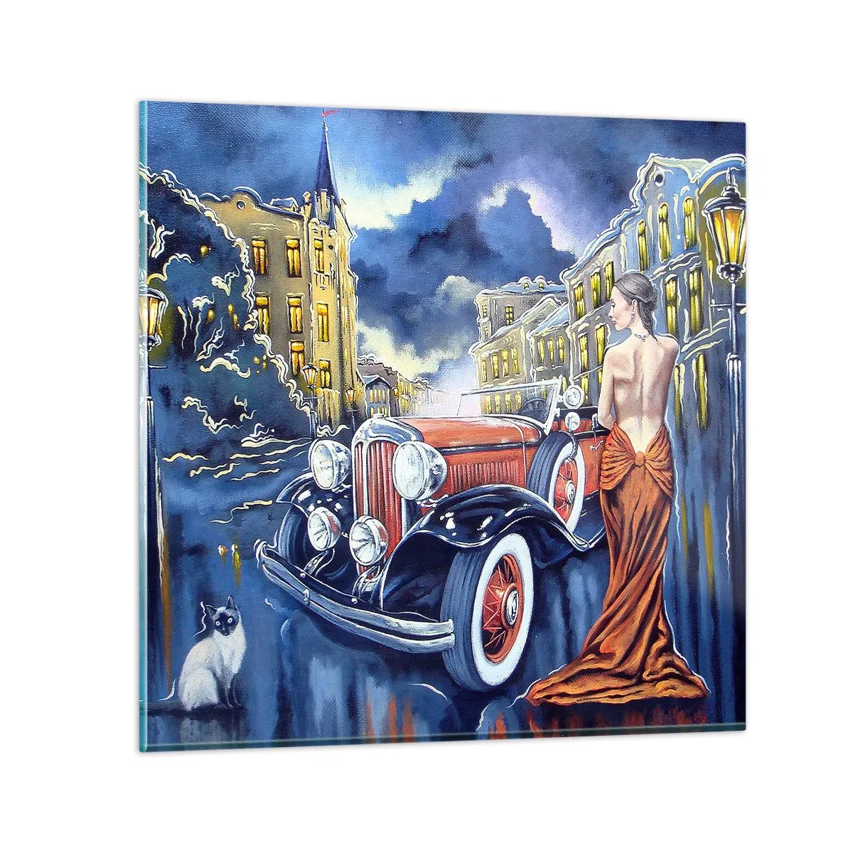 Quadro su vetro - Notturno in blu e coralli - 50x50 cm