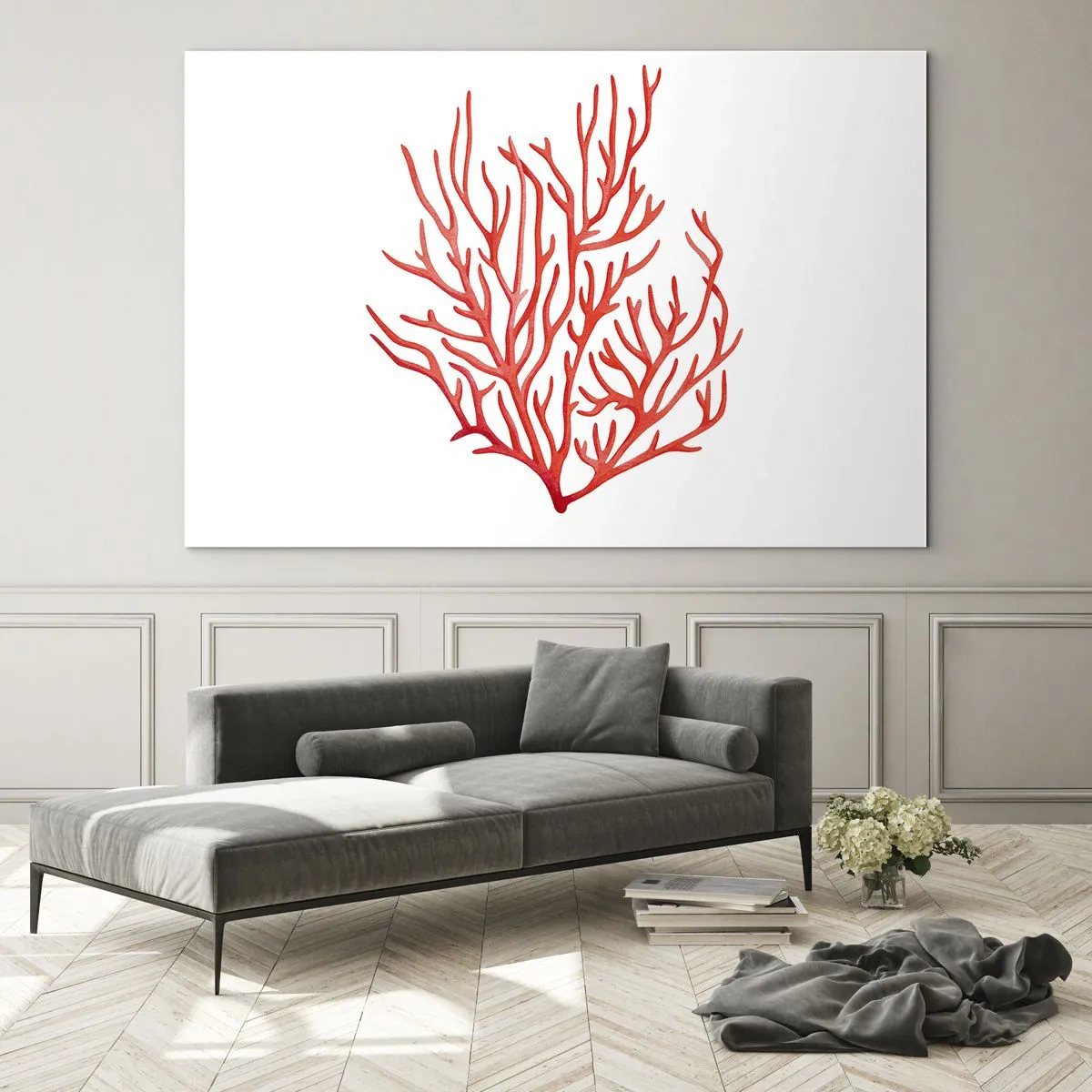 Quadro su vetro - Corallo rosso con struttura a filigrana su sfondo bianco - 70x50cm - Filigrana di corallo - Decorazione murale moderna per soggiorno e camera da letto ARTTOR