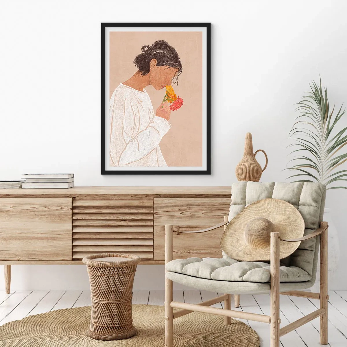 Poster in cornice nera - Una donna vestita di bianco che riflette sui fiori - 50x70cm - Ragazza con i fiori - Decorazione murale moderna per soggiorno e camera da letto ARTTOR
