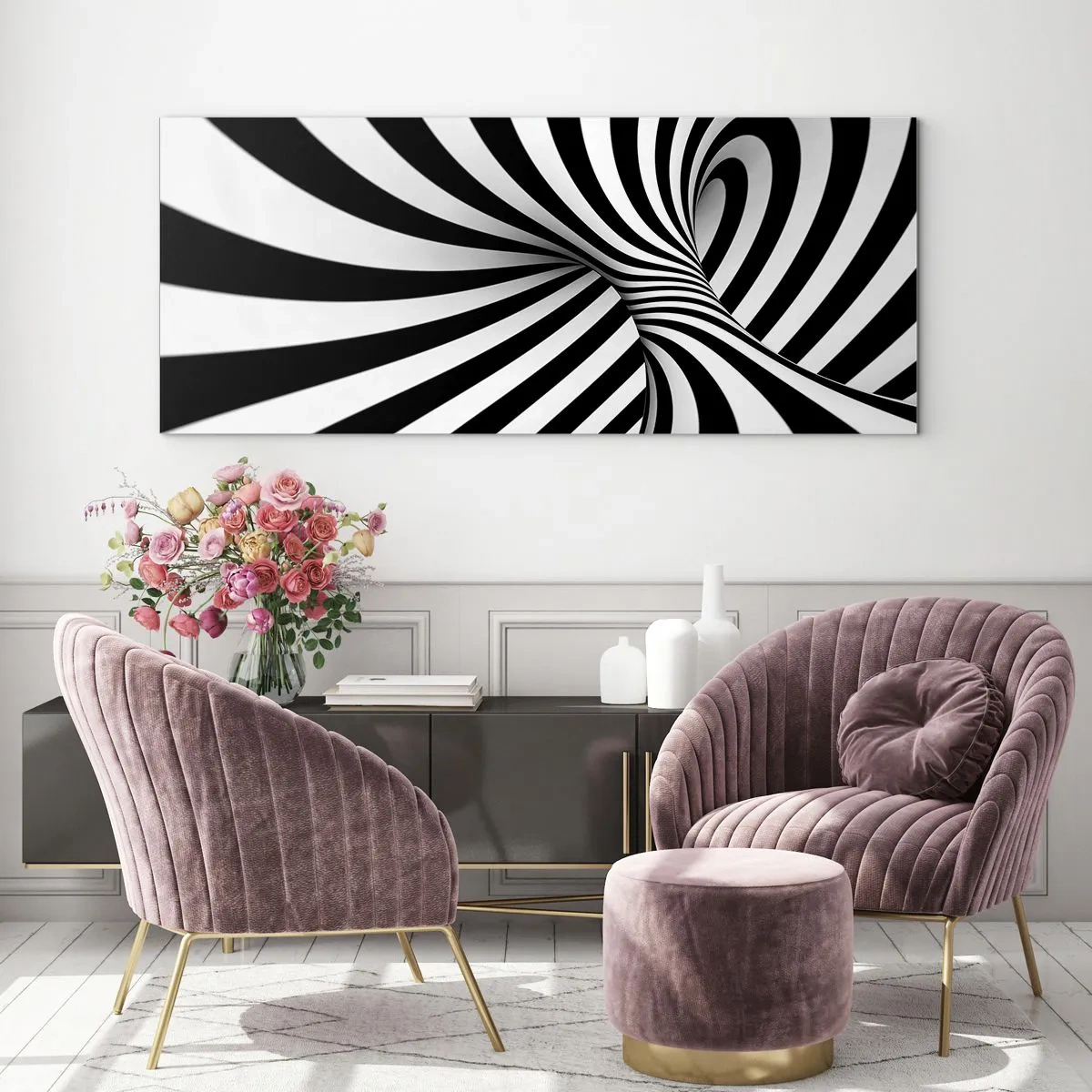 Quadro su vetro - Tunnel astratto con strisce a spirale bianche e nere - 120x50cm - Composizione: spazio danzante - Decorazione murale moderna per soggiorno e camera da letto ARTTOR