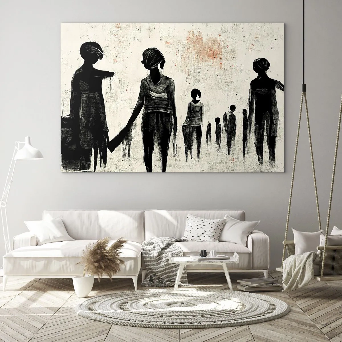 Quadro su vetro - Figure nere in movimento su uno sfondo chiaro con una trama rossa - 70x50cm - Contro la solitudine - Decorazione murale moderna per soggiorno e camera da letto ARTTOR