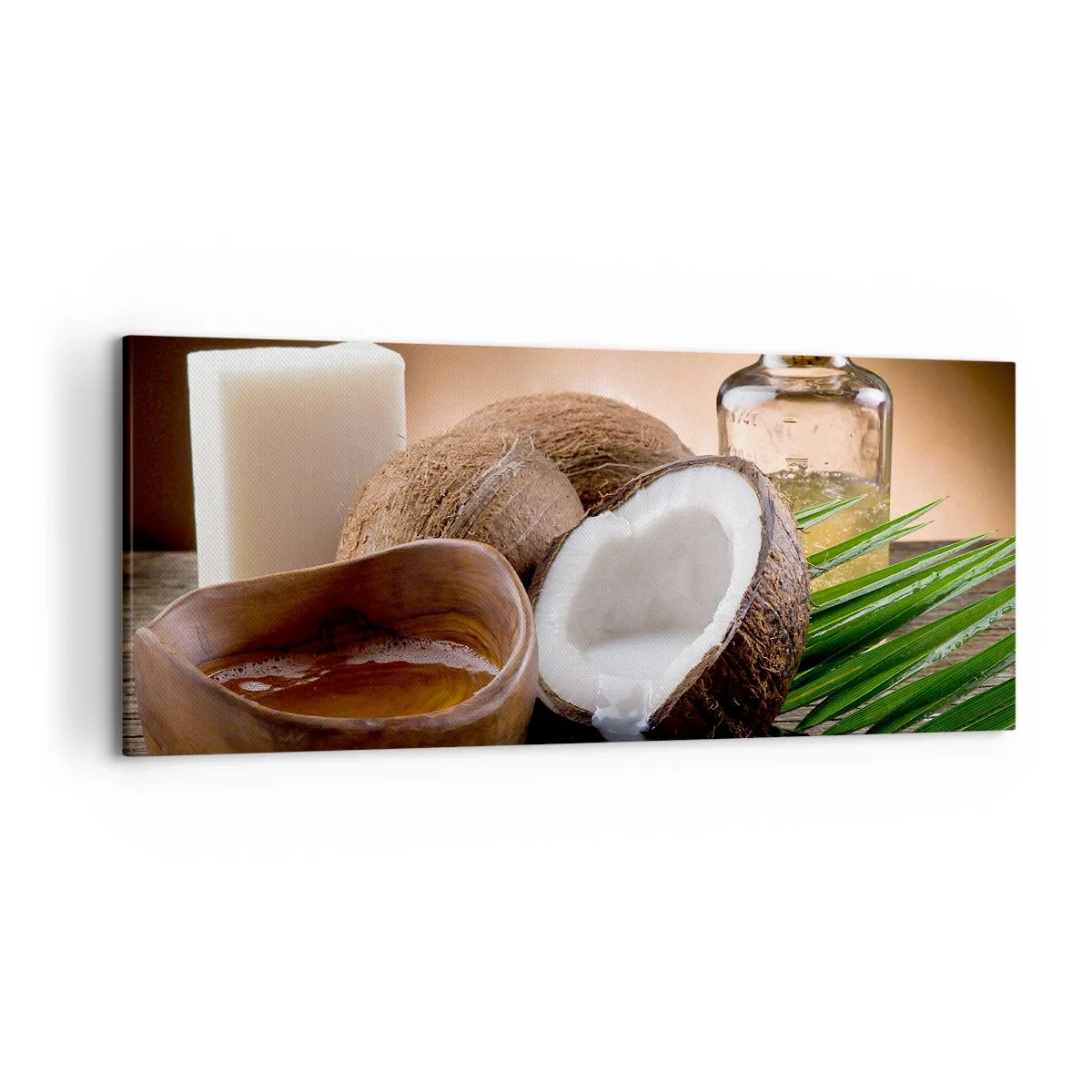 Quadro su tela - Stampe su Tela - Noci di cocco, candela e olio su uno sfondo di legno - 120x50cm - Salute dalle isole tropicali - Decorazione murale moderna per soggiorno e camera da letto ARTTOR