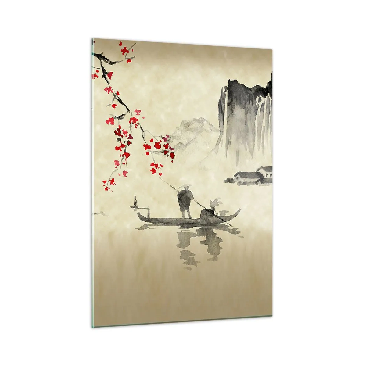 Quadro su vetro - Scena di pesca orientale con ramo di ciliegio in fiore e montagne - 50x70cm - Nel paese dei ciliegi in fiore - Decorazione murale moderna per soggiorno e camera da letto ARTTOR