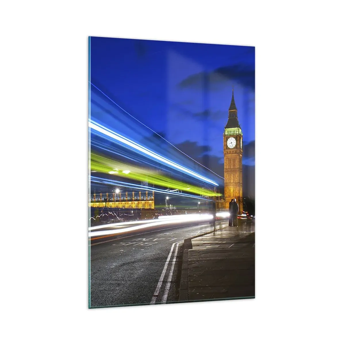 Quadro su vetro - Big Ben di notte con l'effetto delle luci nel traffico stradale - 80x120cm - Sotto lo sguardo del Big Ben - Decorazione murale moderna per soggiorno e camera da letto ARTTOR