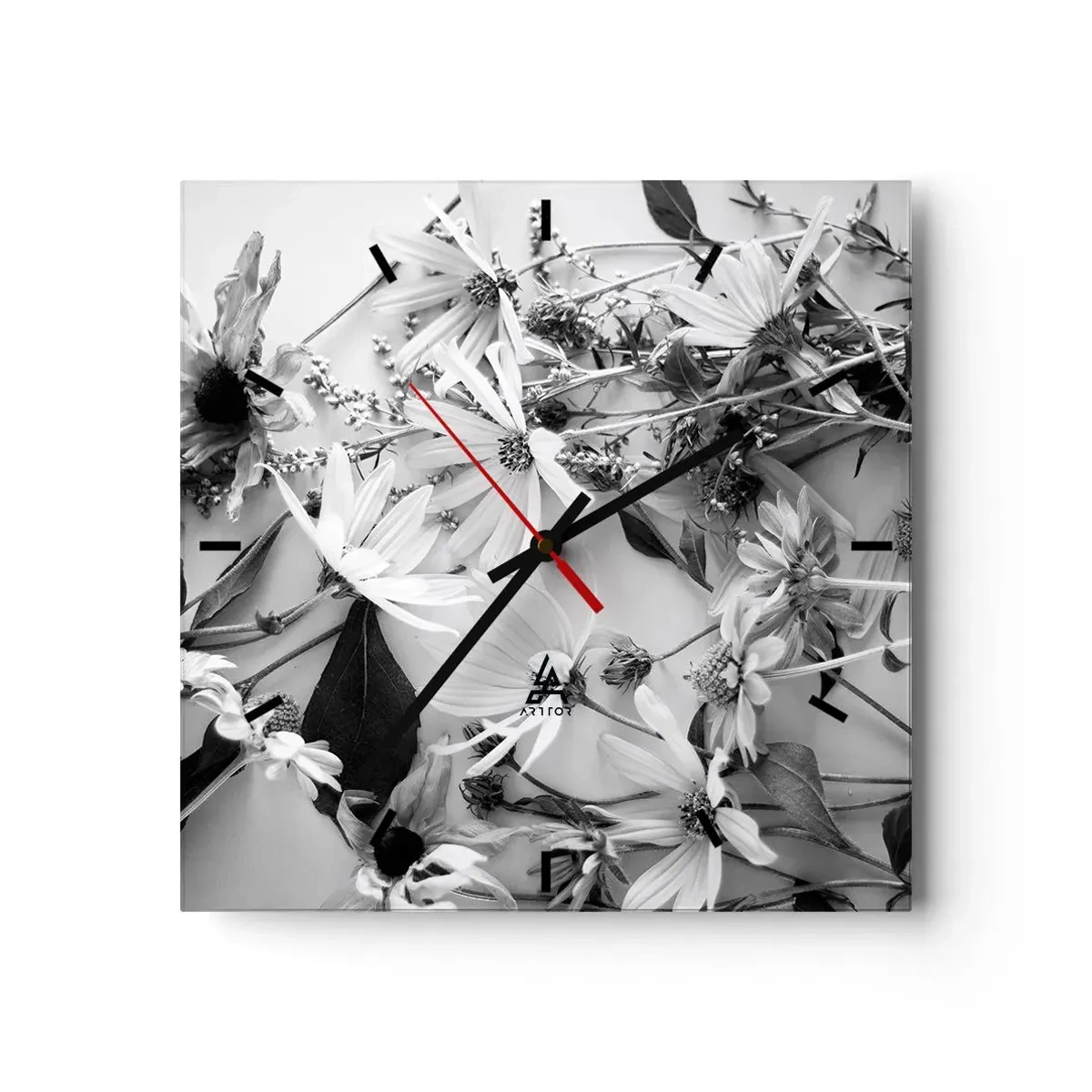 Orologio da parete - Orologio in Vetro - Composizioni floreali in bianco e nero in uno stile artistico sottile - 30x30cm - Un non bouquet di fiori - Decorazione murale moderna per soggiorno e camera da letto ARTTOR