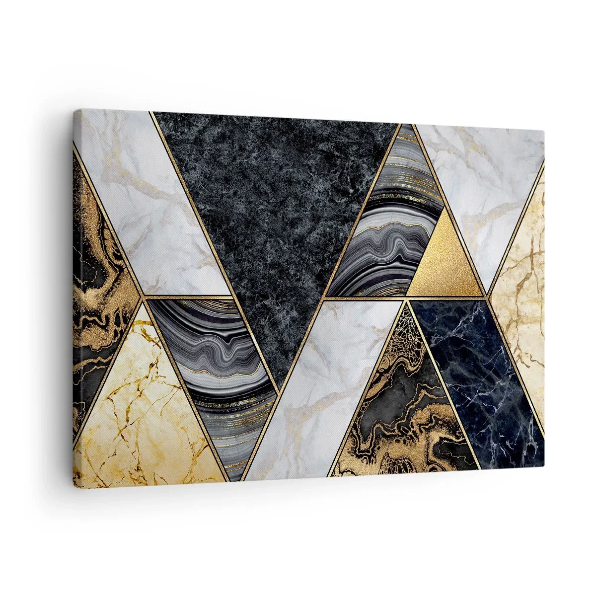 Quadro su tela - Stampe su Tela - Triangoli geometrici in oro, marmo e tonalità scure - 70x50cm - Pietra su pietra - Decorazione murale moderna per soggiorno e camera da letto ARTTOR