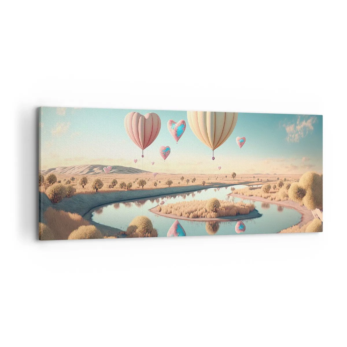 Quadro su tela - Stampe su Tela - Palloncini a forma di cuore che fluttuano sopra il paesaggio - 120x50cm - L'amore permette di volare - Decorazione murale moderna per soggiorno e camera da letto ARTTOR