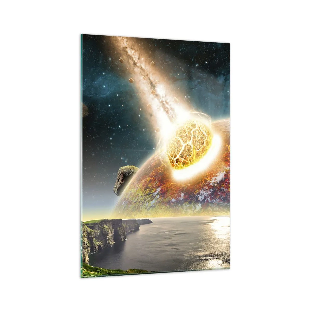 Quadro su vetro - Un meteorite si scontra con un pianeta in un paesaggio cosmico. - 70x100cm - Dramma cosmico - Decorazione murale moderna per soggiorno e camera da letto ARTTOR