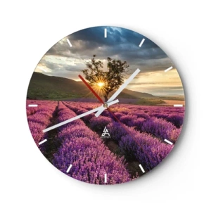 Orologio da parete - Orologio in Vetro - Un campo di lavanda al tramonto con un albero solitario - 30x30cm - Aroma di colore lilla - Decorazione murale moderna per soggiorno, cucina e camera da letto ARTTOR