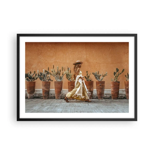 Poster in cornice nera - Una donna in stile boho con vasi di cactus sullo sfondo. - 70x50cm - In stile hippy - Decorazione murale moderna per soggiorno e camera da letto ARTTOR