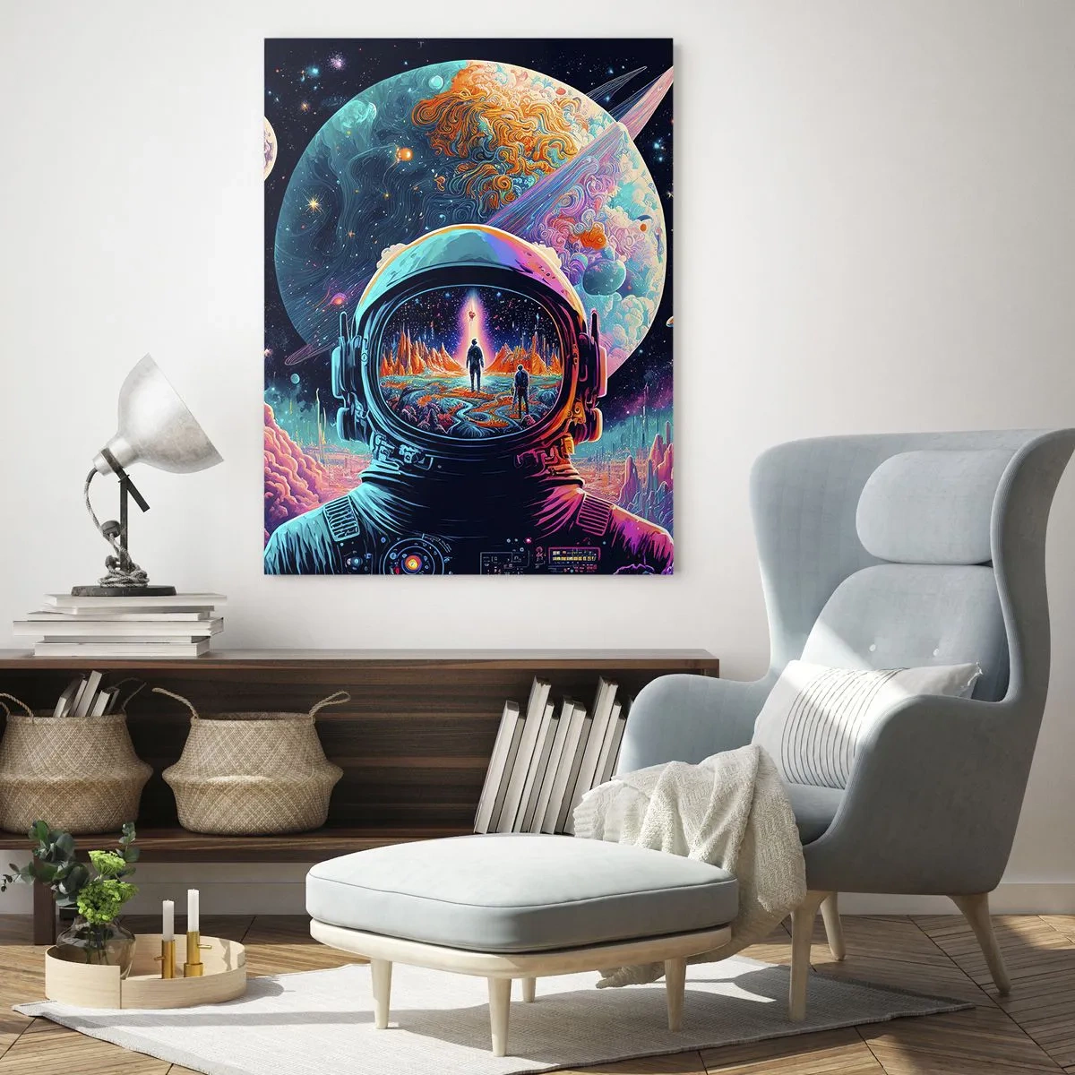 Quadro su vetro - Astronauta nello spazio con un paesaggio planetario colorato - 80x120cm - I filosofi non l'avevano pensato - Decorazione murale moderna per soggiorno e camera da letto ARTTOR