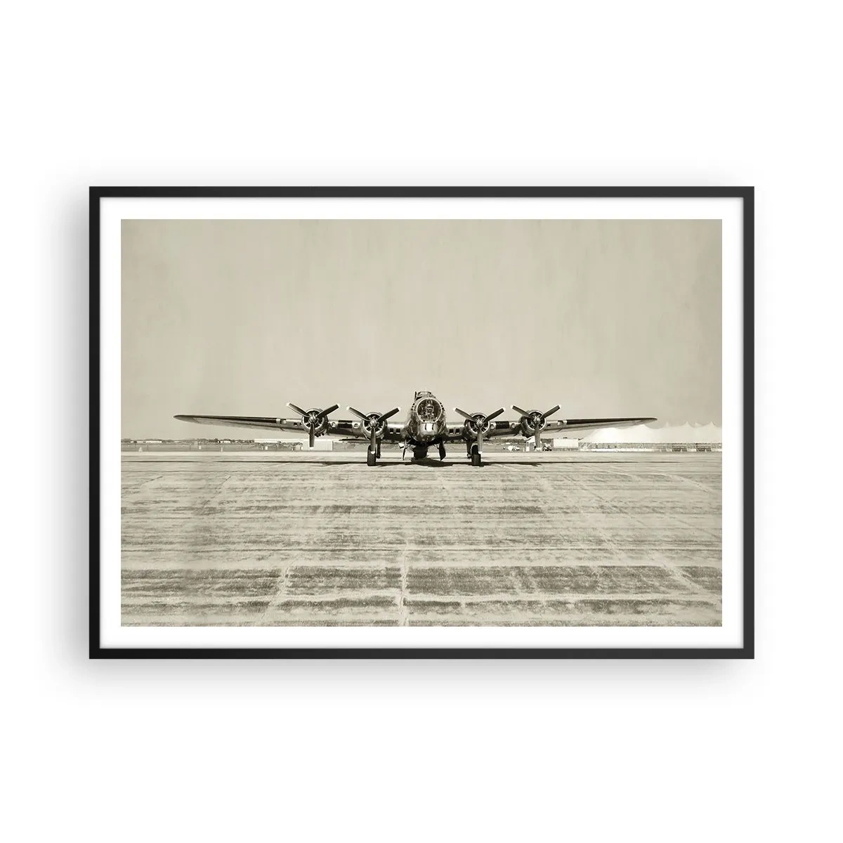 Poster in cornice nera - Aereo storico all'aeroporto in seppia - 100x70cm - Pronto come sempre - Decorazione murale moderna per soggiorno e camera da letto ARTTOR