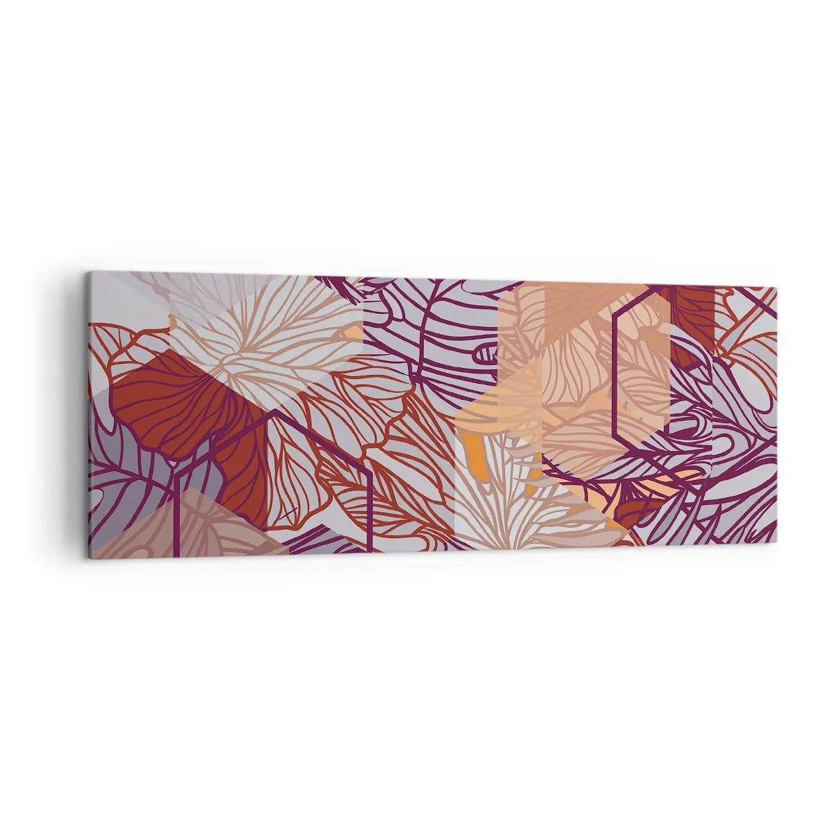 Quadro su tela - Stampe su Tela - Un motivo decorativo a foglie tropicali nelle tonalità del viola, dell'arancione e del beige. - 140x50cm - Legame impossibile di geometria e natura - Decorazione murale moderna per soggiorno e camera da letto ARTTOR