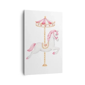 Quadro su tela - Stampe su Tela - Un cavallo da giostra nei toni pastello del rosa - 80x120cm - Partito al galoppo. - Decorazione murale moderna per soggiorno e camera da letto ARTTOR