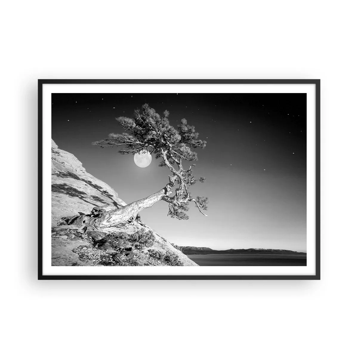 Poster in cornice nera - Albero bianco e nero su una scogliera con la luna sullo sfondo - 100x70cm - Guerriera vittoriosa  - Decorazione murale moderna per soggiorno e camera da letto ARTTOR