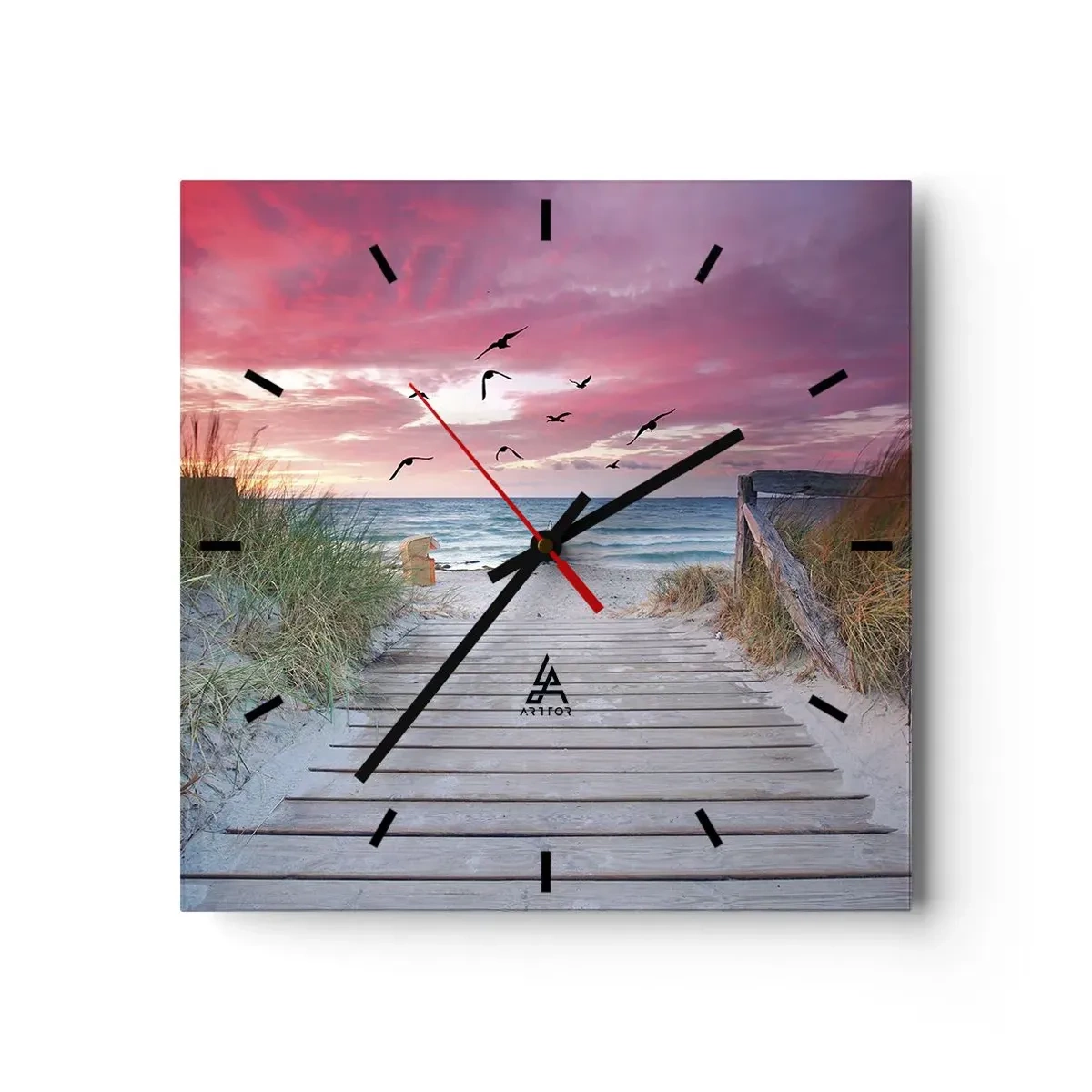 Orologio da parete - Orologio in Vetro - Sentiero in legno sulla spiaggia al tramonto rosa - 30x30cm - Impressioni baltiche - Decorazione murale moderna per soggiorno e camera da letto ARTTOR