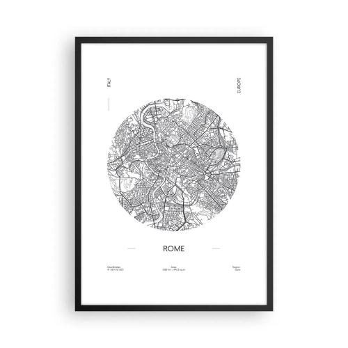 Poster in cornice nera - Una mappa minimalista di Roma in bianco e nero. - 50x70cm - Anatomia di Roma - Decorazione murale moderna per soggiorno e camera da letto ARTTOR