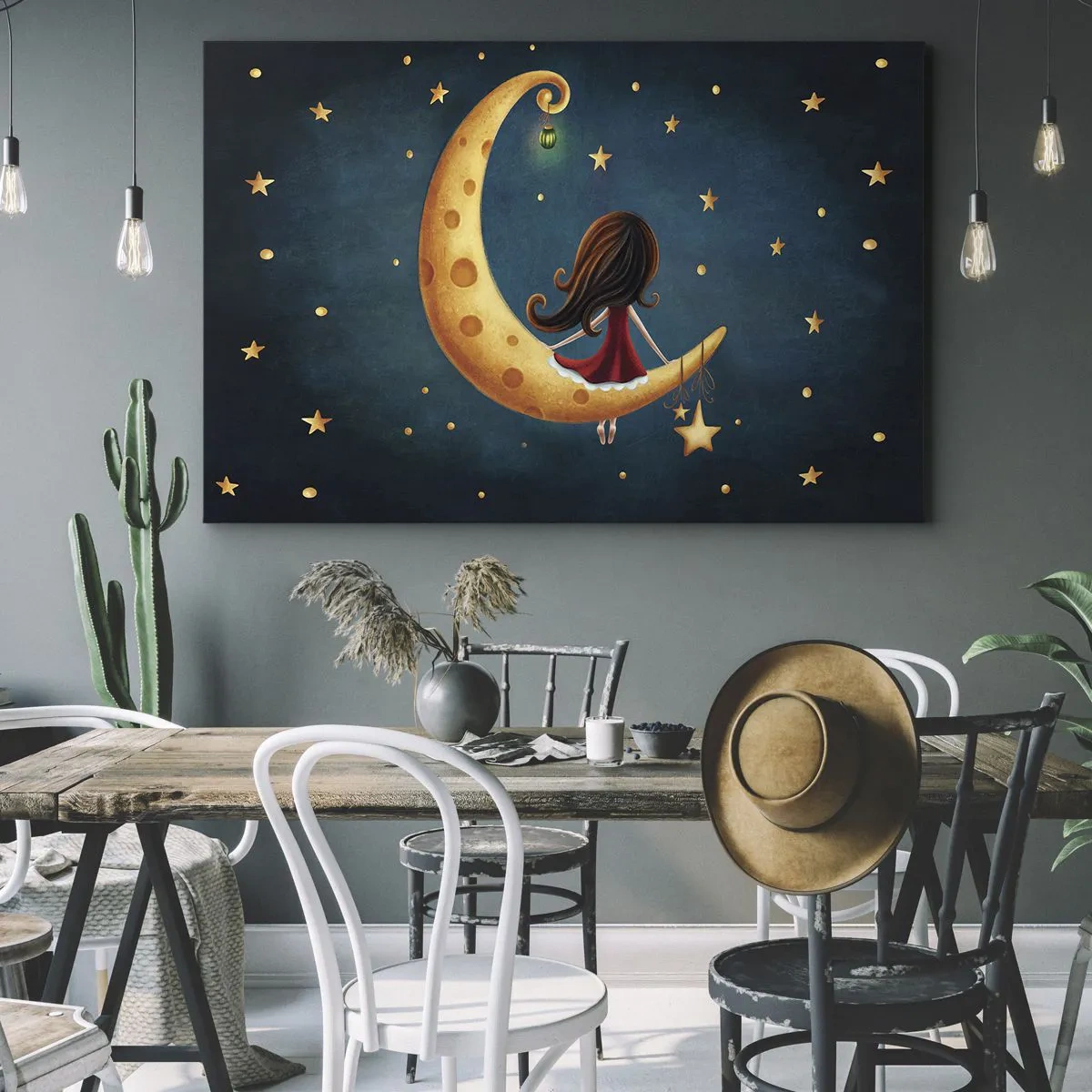Quadro su tela - Stampe su Tela - Una ragazza sulla luna circondata dalle stelle - 120x80cm - Una volta... - Decorazione murale moderna per soggiorno e camera da letto ARTTOR