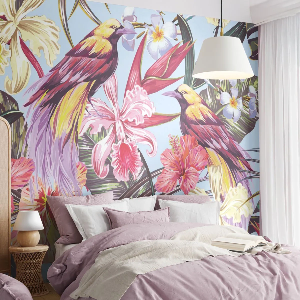 Fotomurali Autoadesivo Deluxe Sticker - Petali e piume - Uccello, Fiori, Giardino - 350x256 cm