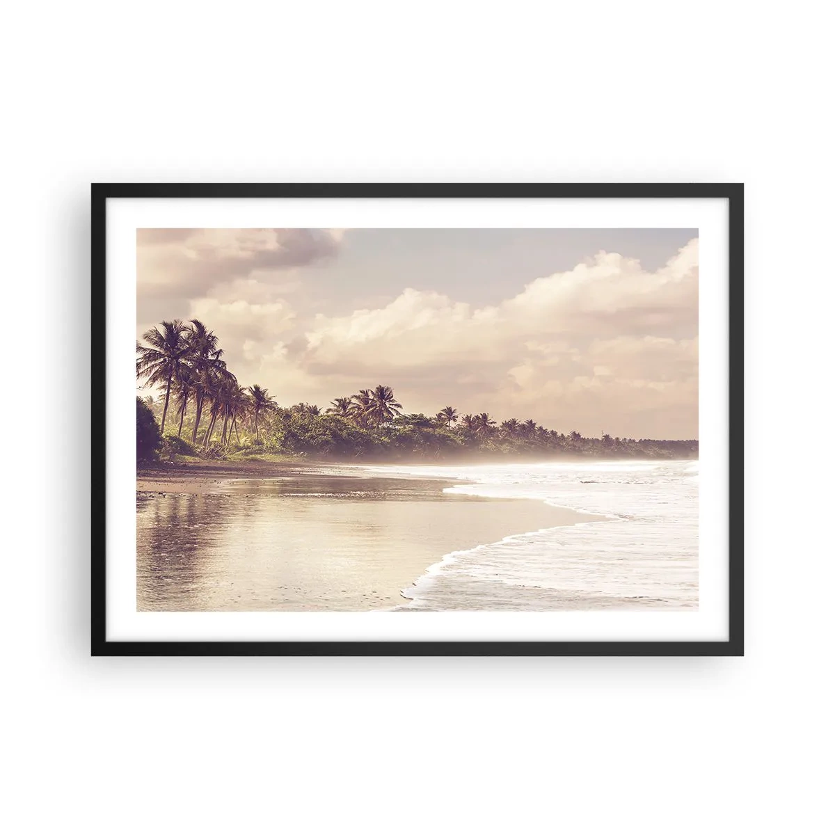 Poster in cornice nera - Una spiaggia con palme e onde dolci al mattino - 70x50cm - La carezza delle onde - Decorazione murale moderna per soggiorno e camera da letto ARTTOR