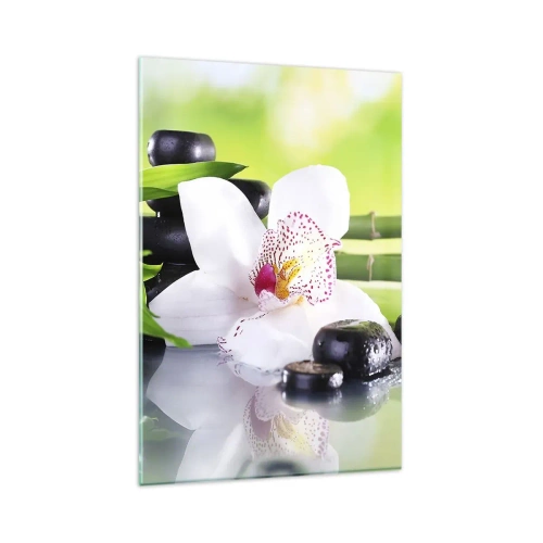 Quadro su vetro - Orchidea, pietre e bambù in un'armoniosa composizione spa - 80x120cm - Freschezza rinfrescante - Decorazione murale moderna per soggiorno e camera da letto ARTTOR