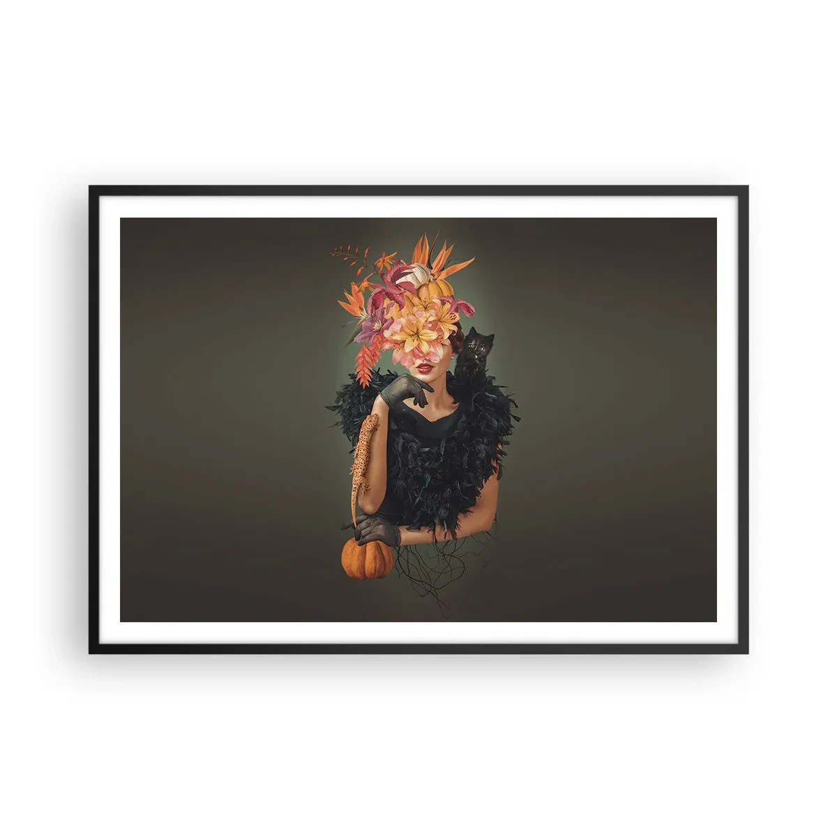 Poster in cornice nera - Ritratto di donna con motivi autunnali e un gatto - 100x70cm - L'incantesimo della strega - Decorazione murale moderna per soggiorno e camera da letto ARTTOR