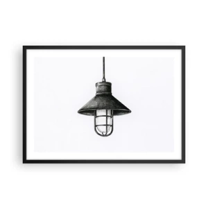 Poster in cornice nera - Disegno di una lampada a sospensione retrò su sfondo bianco - 70x50cm - Come tanti anni fa... - Decorazione murale moderna per soggiorno e camera da letto ARTTOR