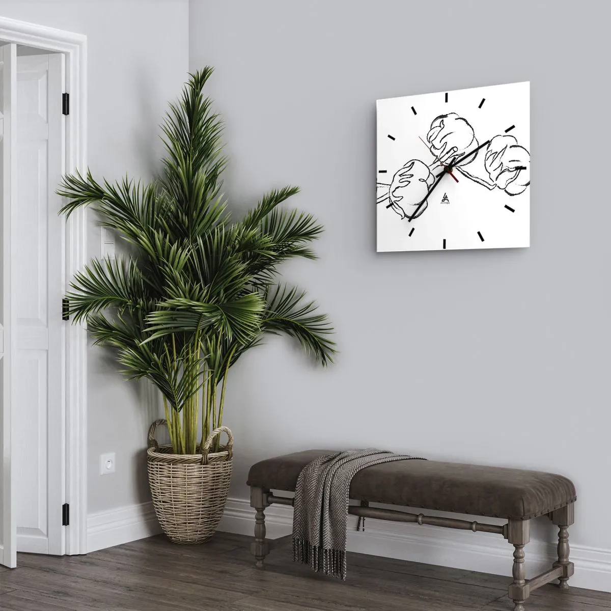 Orologio da parete - Orologio in Vetro - Un delicato contorno di un ramo di cotone su uno sfondo bianco - 30x30cm - Piumino di cotone - Decorazione murale moderna per soggiorno e camera da letto ARTTOR