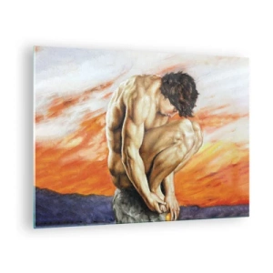 Quadro su vetro - Un corpo umano nudo contro un cielo di un arancione intenso. - 70x50cm - Immerso in se stesso - Decorazione murale moderna per soggiorno e camera da letto ARTTOR