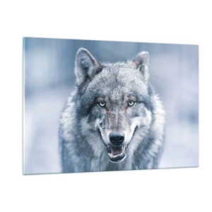 Quadro su vetro - Un lupo dallo sguardo penetrante sullo sfondo di una foresta innevata - 120x80cm - Accetti la sfida? - Decorazione murale moderna per soggiorno e camera da letto ARTTOR