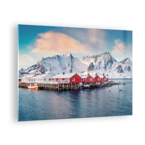 Quadro su vetro - Casette di pescatori rosse sul fiordo con montagne sullo sfondo - 70x50cm - Atmosfera del nord - Decorazione murale moderna per soggiorno e camera da letto ARTTOR