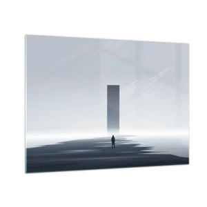 Quadro su vetro - Un paesaggio minimalista con una figura e un monolite in lontananza. - 70x50cm - Opportunità o minaccia? - Decorazione murale moderna per soggiorno e camera da letto ARTTOR