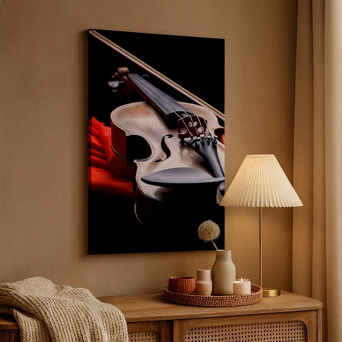 Quadro su tela - Stampe su Tela - Violino su tessuto rosso con sfondo nero - 50x70cm - La musica dei sentimenti - Decorazione murale moderna per soggiorno e camera da letto ARTTOR