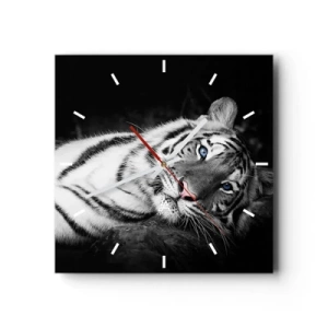 Orologio da parete - Orologio in Vetro - Una tigre bianca artisticamente raffigurata su uno sfondo nero - 30x30cm - Selvaggità e pace - Decorazione murale moderna per soggiorno e camera da letto ARTTOR