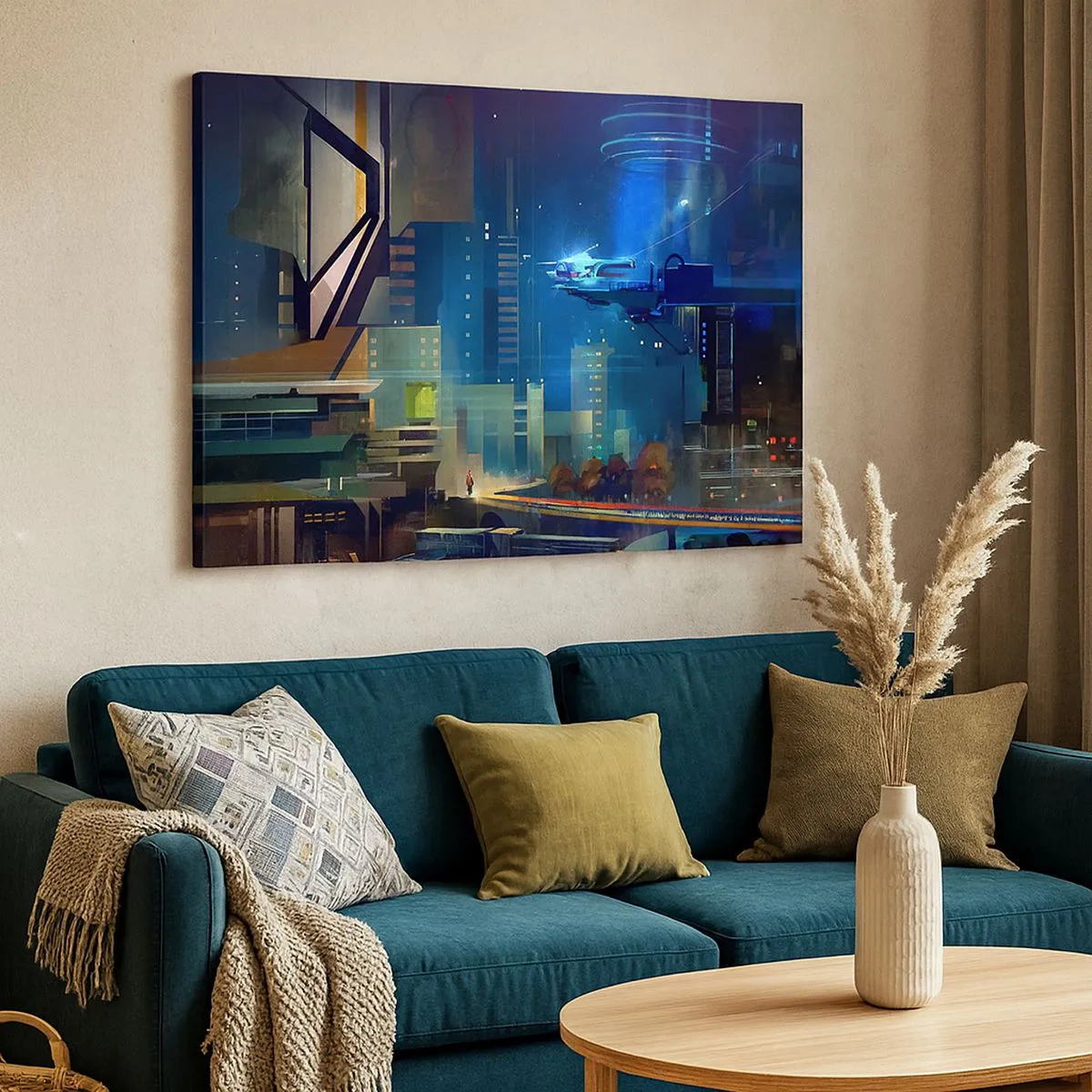 Quadro su tela - Stampe su Tela - Città futuristica di notte con luci al neon e un veicolo volante - 70x50cm - In un futuro non lontano - Decorazione murale moderna per soggiorno e camera da letto ARTTOR