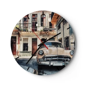 Orologio da parete - Orologio in Vetro - Auto retrò sullo sfondo di un'architettura antica - 30x30cm - Siesta all'Avana - Decorazione murale moderna per soggiorno, cucina e camera da letto ARTTOR
