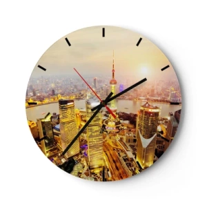 Orologio da parete - Orologio in Vetro - Panorama della città al tramonto con grattacieli e fiume - 30x30cm - Sogno asiatico - Decorazione murale moderna per soggiorno, cucina e camera da letto ARTTOR