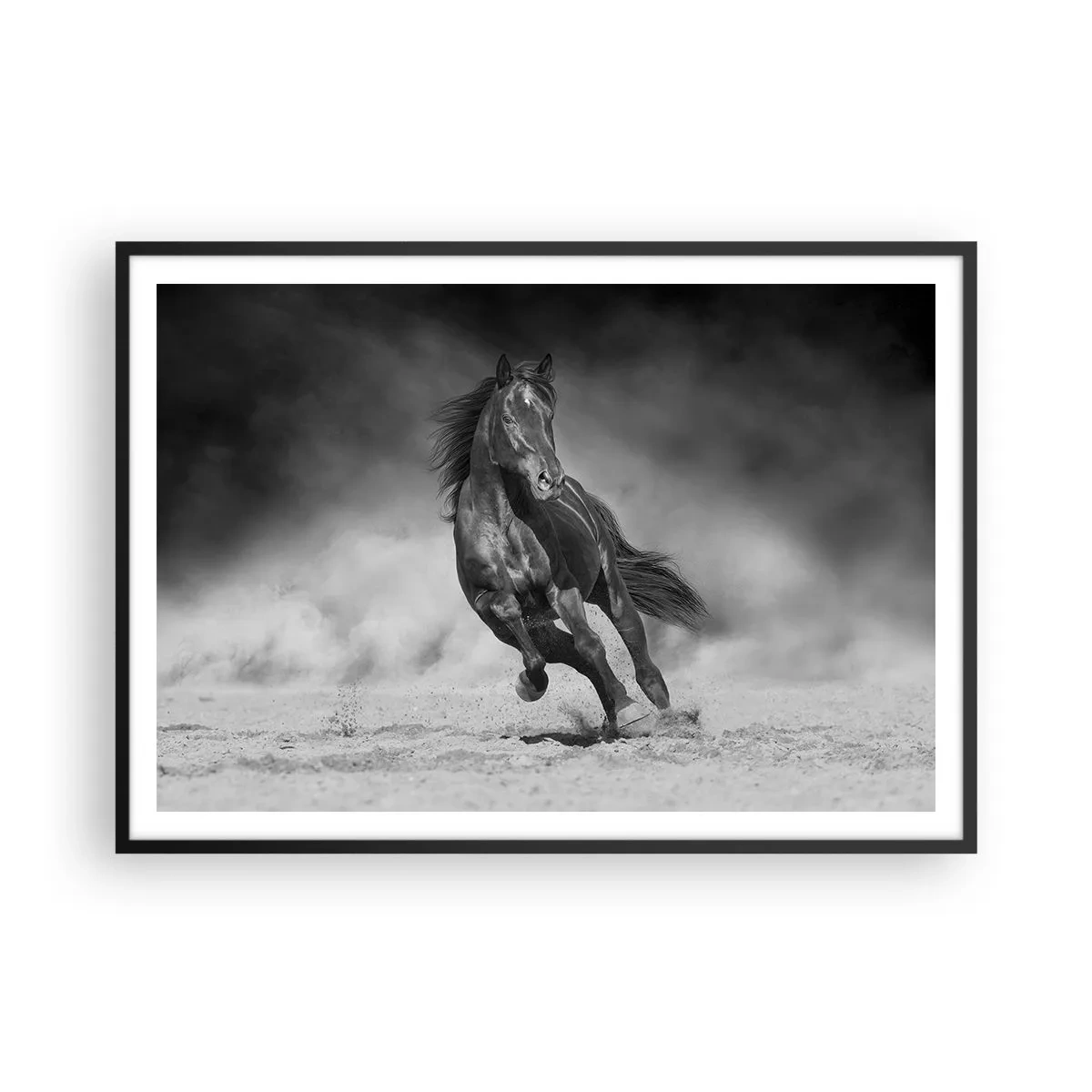 Poster in cornice nera - Un cavallo bianco e nero che galoppa sulla sabbia - 100x70cm - Degno dell'emiro - Decorazione murale moderna per soggiorno e camera da letto ARTTOR