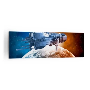 Quadro su tela - Stampe su Tela - Un'astronave sullo sfondo di un pianeta nello spazio - 160x50cm - Un attento osservatore - Decorazione murale moderna per soggiorno e camera da letto ARTTOR