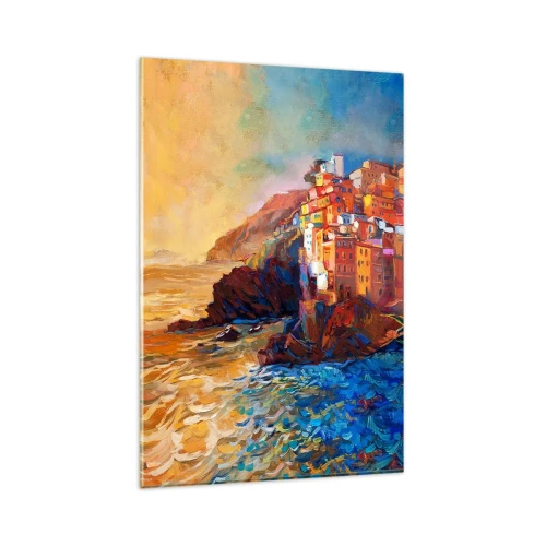 Quadro su vetro - Case colorate su una scogliera a picco sul mare - 80x120cm - Atmosfera italiana - Decorazione murale moderna per soggiorno e camera da letto ARTTOR