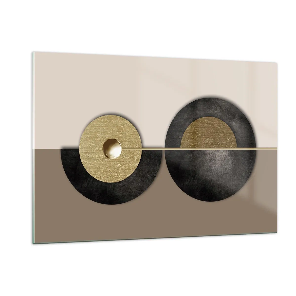 Quadro su vetro - Cerchi geometrici in oro e nero su sfondo beige - 120x80cm - Variazioni attorno al cerchio - Decorazione murale moderna per soggiorno e camera da letto ARTTOR