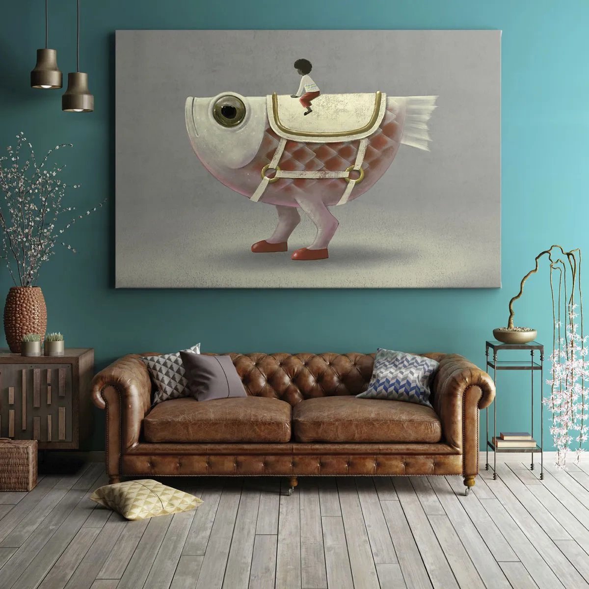 Quadro su tela - Stampe su Tela - Un fantasioso cavaliere di pesce con gambe e sella - 70x50cm - Il cavaliere del pesce - Decorazione murale moderna per soggiorno e camera da letto ARTTOR