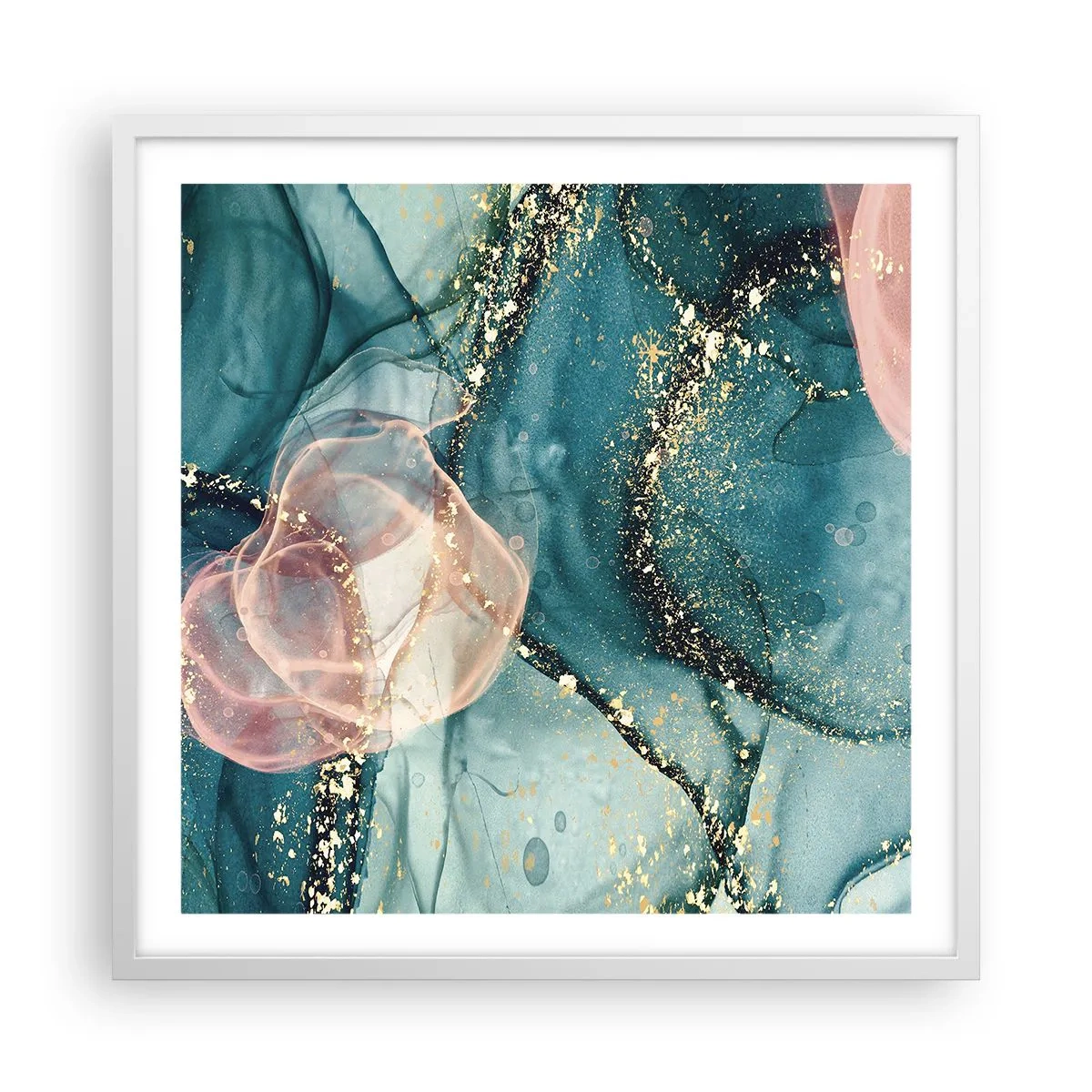 Poster in cornice bianca - Blu di seta, rosa di tulle - 60x60 cm