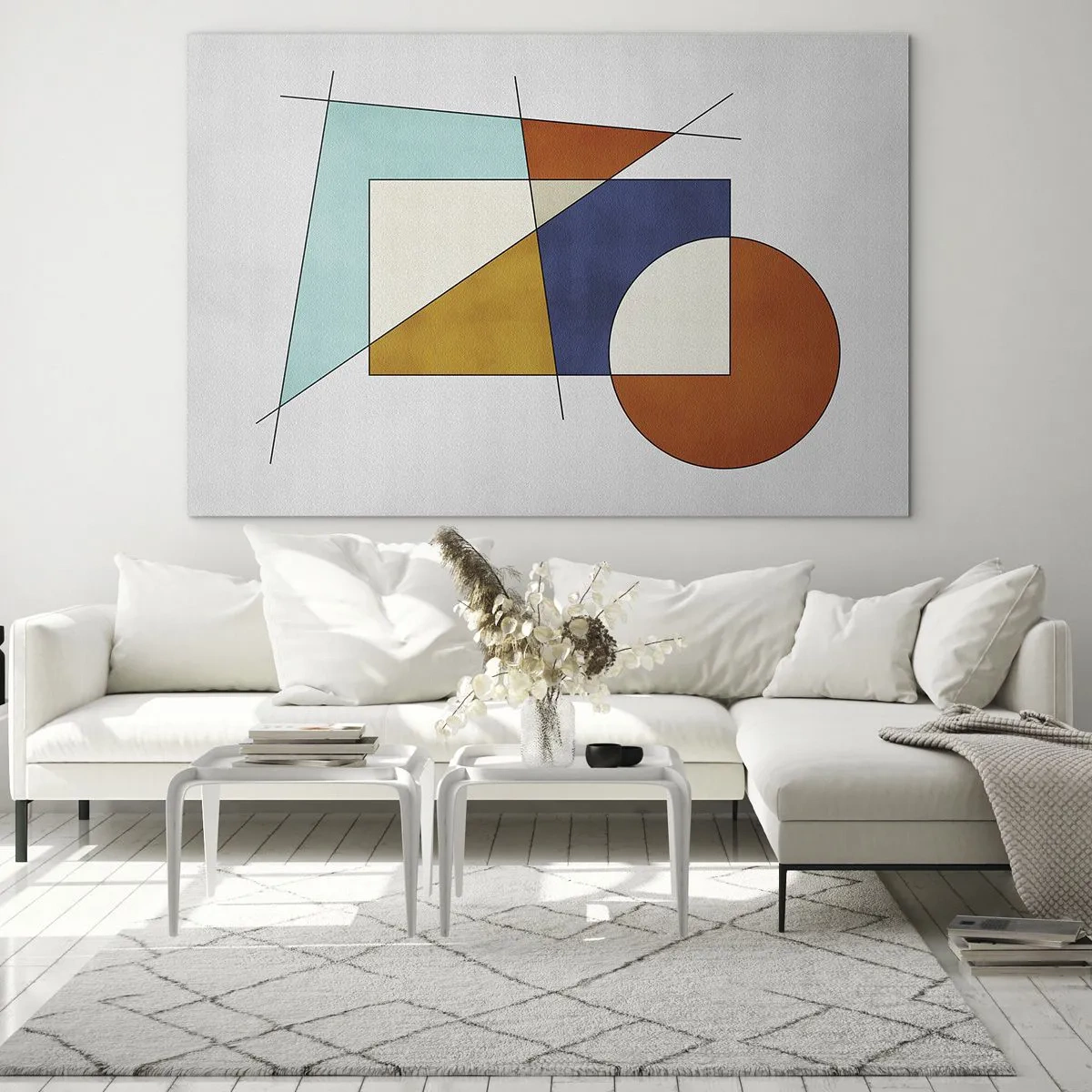 Quadro su vetro - Forme geometriche colorate su uno sfondo chiaro in stile modernista - 70x50cm - Astrazione: gioco modernista - Decorazione murale moderna per soggiorno e camera da letto ARTTOR