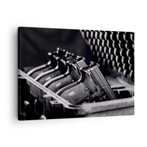 Quadro su tela - Stampe su Tela - Un'immagine in bianco e nero di una pila di armi in una valigia. - 70x50cm - Sport maschile - Decorazione murale moderna per soggiorno e camera da letto ARTTOR