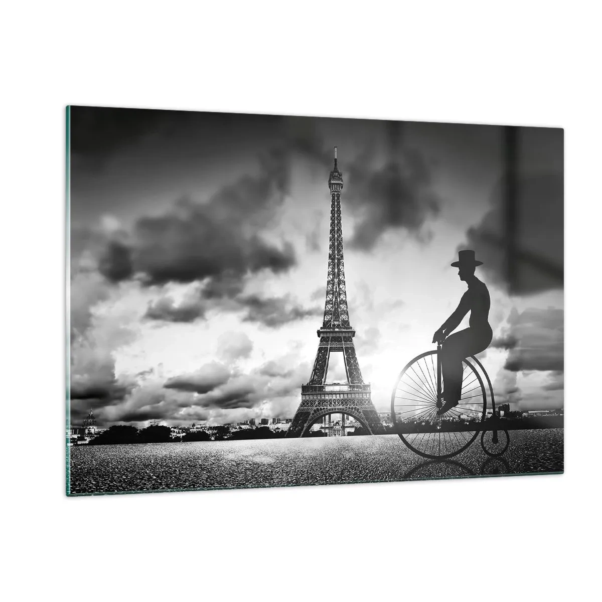 Quadro su vetro - Torre Eiffel con bicicletta retrò in bianco e nero - 120x80cm - Nostalgia della Belle Epoque - Decorazione murale moderna per soggiorno e camera da letto ARTTOR